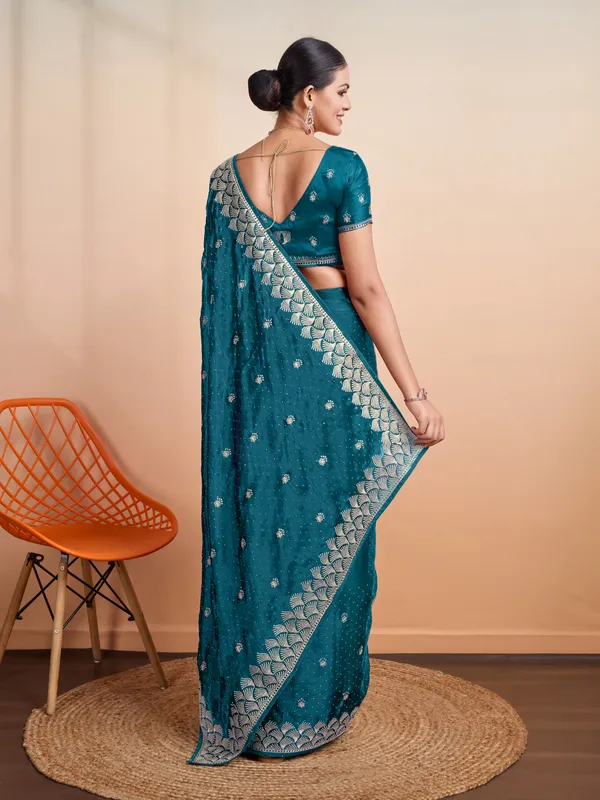 Teal_Blue_Blooming_Burberry_Embroidered_Partywear_Saree