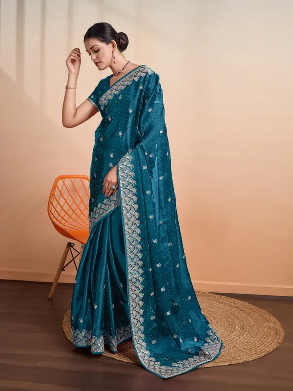 Teal_Blue_Blooming_Burberry_Embroidered_Partywear_Saree