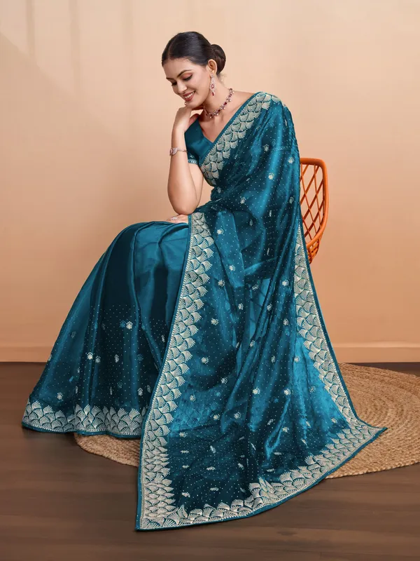 Teal_Blue_Blooming_Burberry_Embroidered_Partywear_Saree