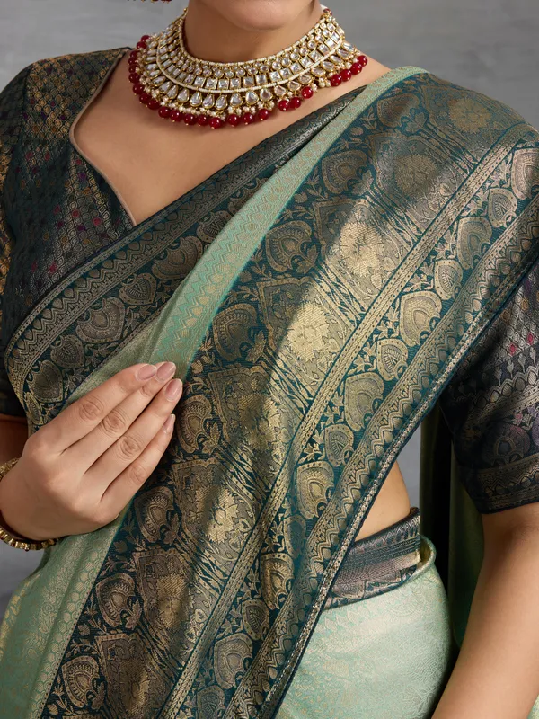 Mint_&_Navy_Green_Kanjivaram_Soft_Silk_Saree_with_Double_Zari_&_Meenakari_Work