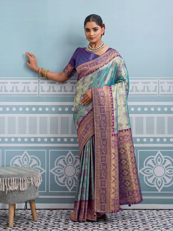 Aqua_Green_&_Purple_Kanjivaram_Soft_Silk_Saree