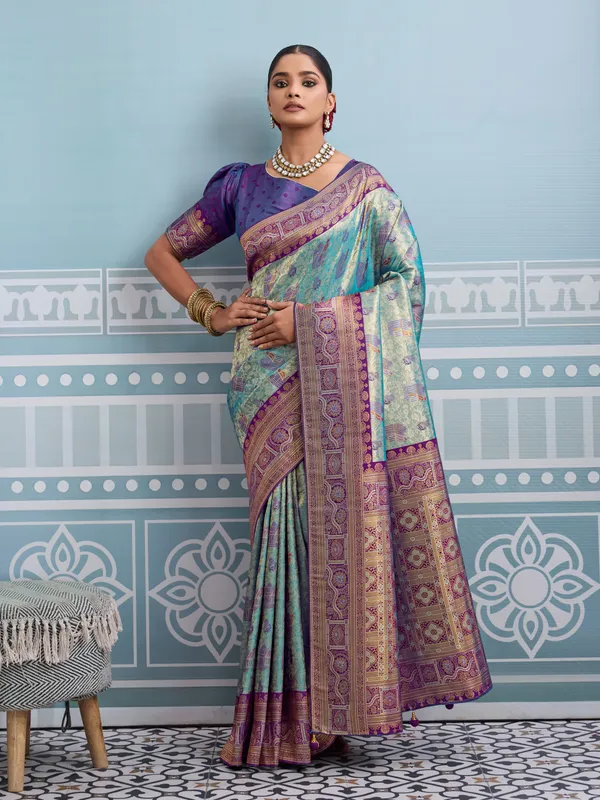 Aqua_Green_&_Purple_Kanjivaram_Soft_Silk_Saree