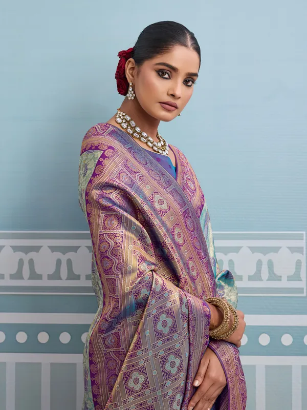 Aqua_Green_&_Purple_Kanjivaram_Soft_Silk_Saree