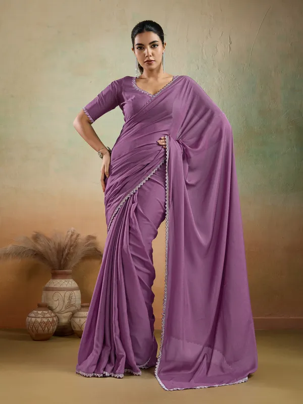 Mauve_Purple_Matt_Georgette_Saree_With_Ceramic-Inspired_Lace_Border_For_Women