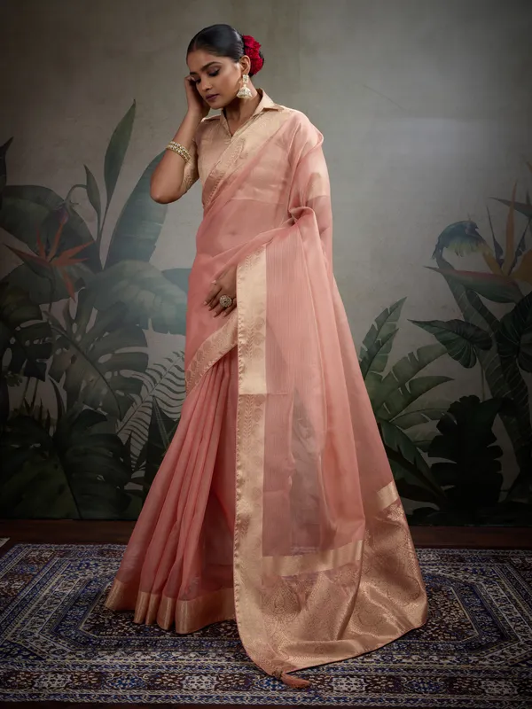 Blush_Peach_Tissue_Silk_Saree_With_Gold_Woven_Pallu_&_Brocade_Blouse_For_Women