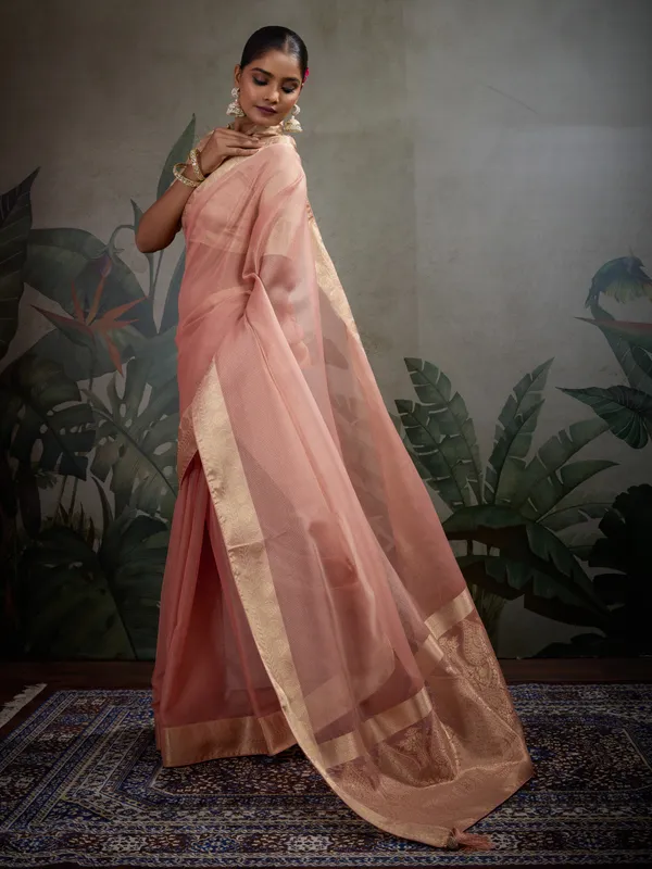 Blush_Peach_Tissue_Silk_Saree_With_Gold_Woven_Pallu_&_Brocade_Blouse_For_Women