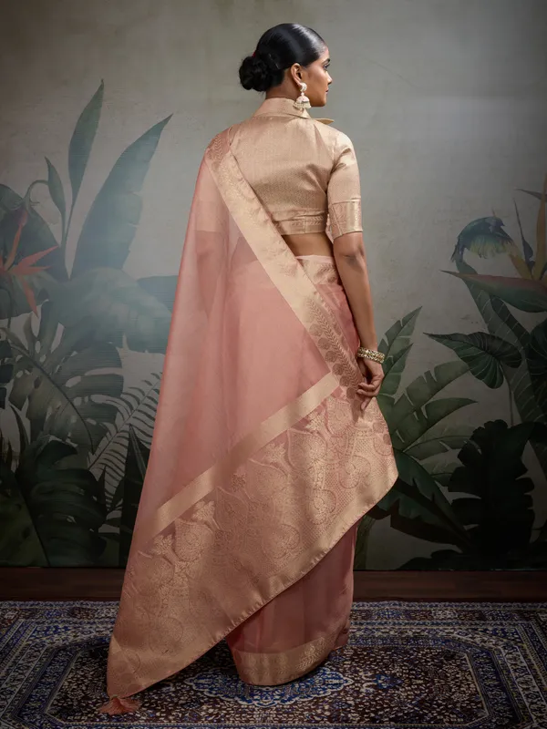 Blush_Peach_Tissue_Silk_Saree_With_Gold_Woven_Pallu_&_Brocade_Blouse_For_Women