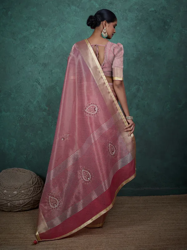 Rose_Pink_Linen_Tissue_Saree_With_Handwork_Buttas_&_Golden_Lace_Border_For_Women