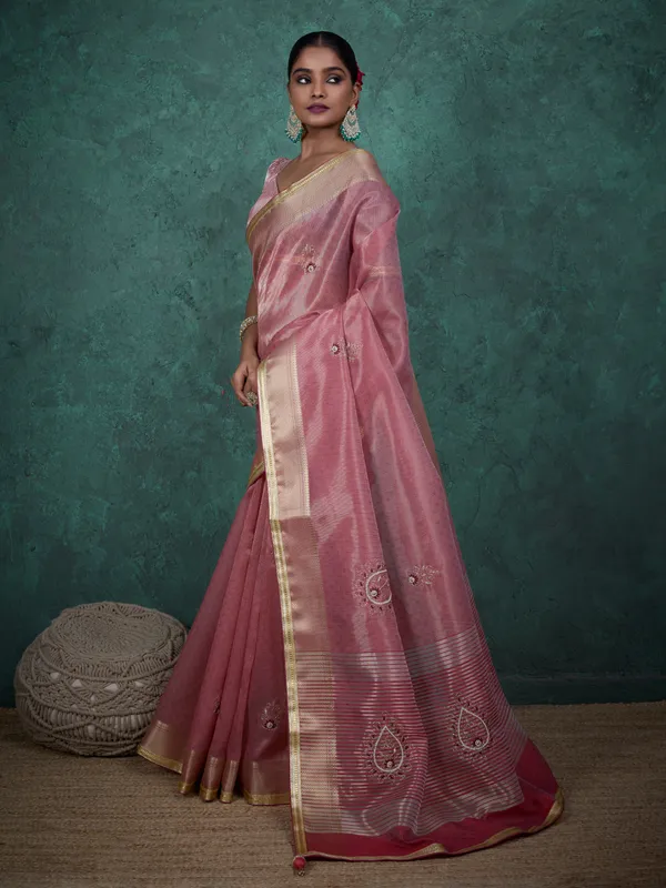 Rose_Pink_Linen_Tissue_Saree_With_Handwork_Buttas_&_Golden_Lace_Border_For_Women
