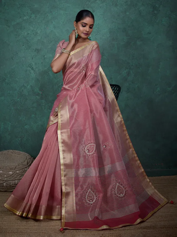 Rose_Pink_Linen_Tissue_Saree_With_Handwork_Buttas_&_Golden_Lace_Border_For_Women