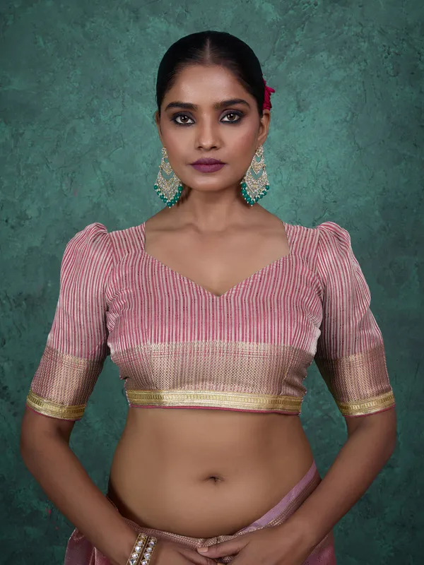 Rose_Pink_Linen_Tissue_Saree_With_Handwork_Buttas_&_Golden_Lace_Border_For_Women