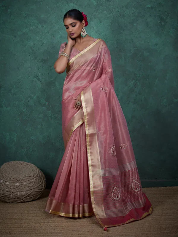 Rose_Pink_Linen_Tissue_Saree_With_Handwork_Buttas_&_Golden_Lace_Border_For_Women
