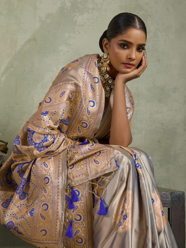 Champagne_Beige_&_Royal_Blue_Satin_Silk_Banarasi_Saree_with_Antique_Gold_Meenakari_Zari_Weaving