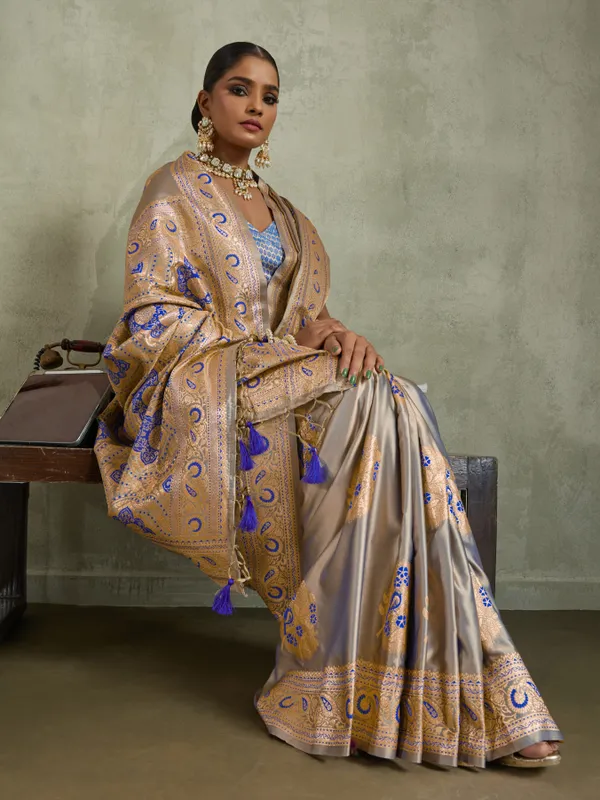 Champagne_Beige_&_Royal_Blue_Satin_Silk_Banarasi_Saree_with_Antique_Gold_Meenakari_Zari_Weaving