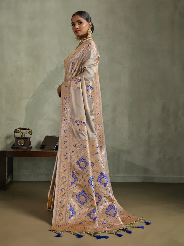 Champagne_Beige_&_Royal_Blue_Satin_Silk_Banarasi_Saree_with_Antique_Gold_Meenakari_Zari_Weaving