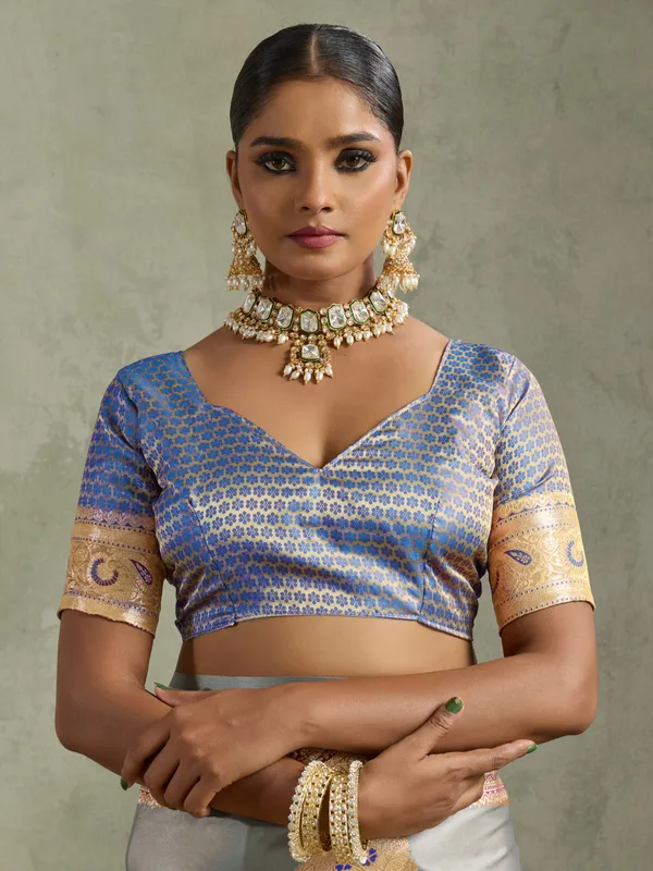 Champagne_Beige_&_Royal_Blue_Satin_Silk_Banarasi_Saree_with_Antique_Gold_Meenakari_Zari_Weaving