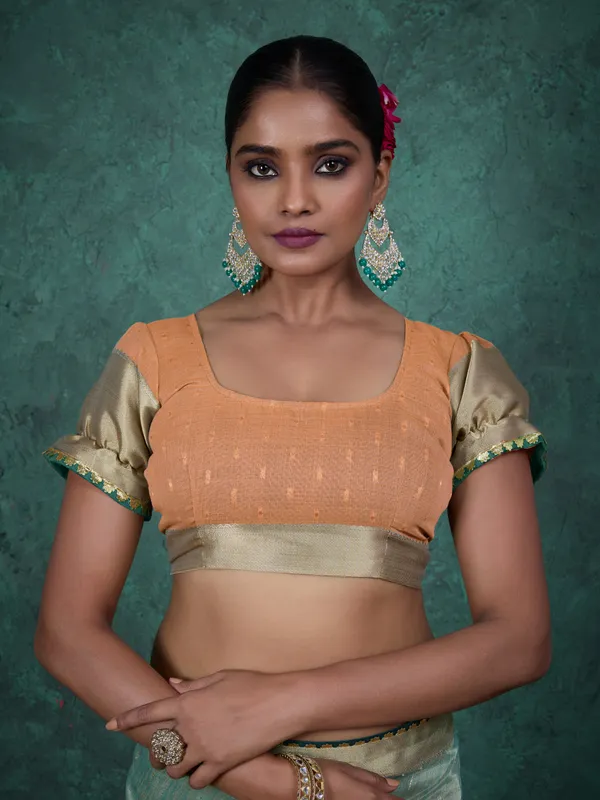 Serene_Green_with_Light_Coral_border_Linen_Blend_Saree_For_Women