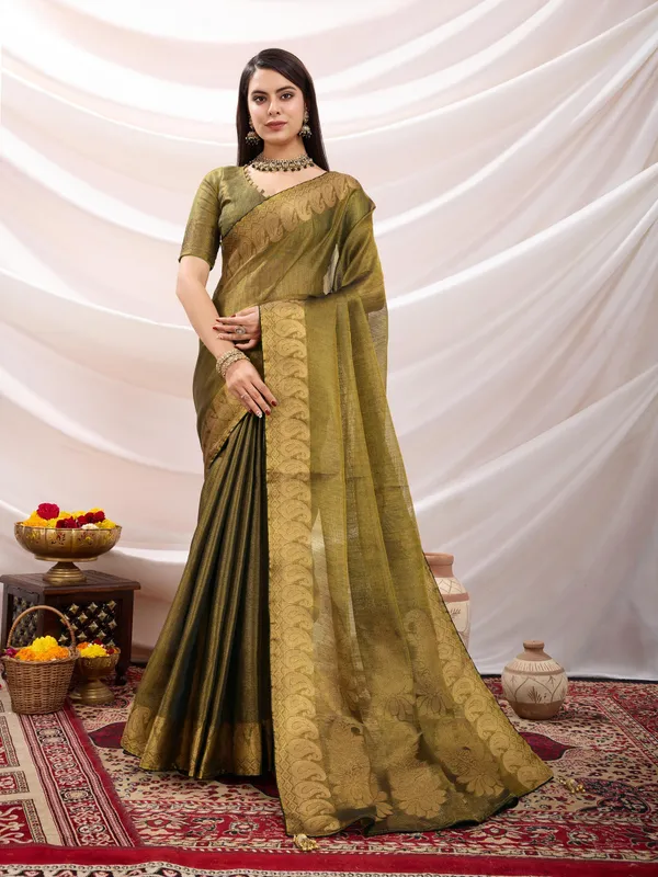 Golden_Olive_Antique_Linen_Tissue_With_Black_Thread_&_Zari_Weaving_Designer_Blouse_&_Tassels_Saree