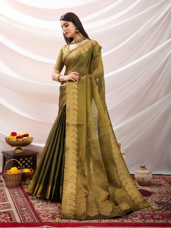 Golden_Olive_Antique_Linen_Tissue_With_Black_Thread_&_Zari_Weaving_Designer_Blouse_&_Tassels_Saree