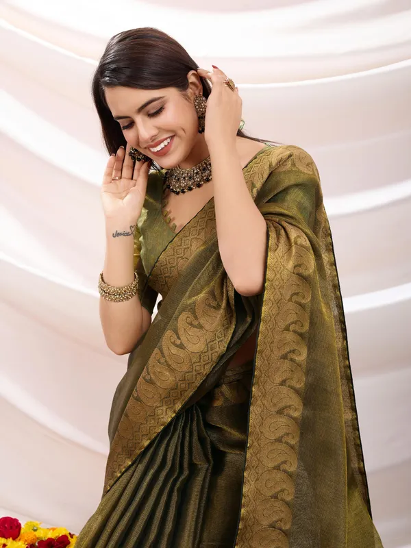 Golden_Olive_Antique_Linen_Tissue_With_Black_Thread_&_Zari_Weaving_Designer_Blouse_&_Tassels_Saree