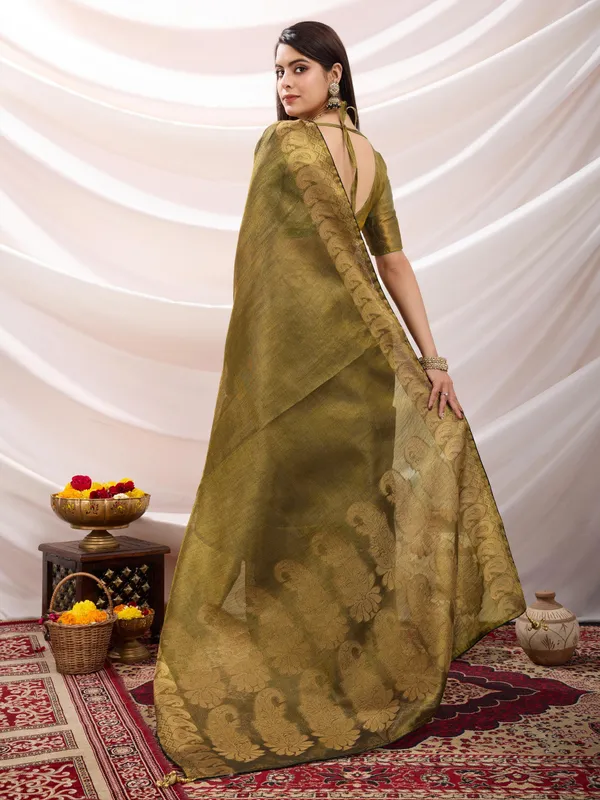 Golden_Olive_Antique_Linen_Tissue_With_Black_Thread_&_Zari_Weaving_Designer_Blouse_&_Tassels_Saree