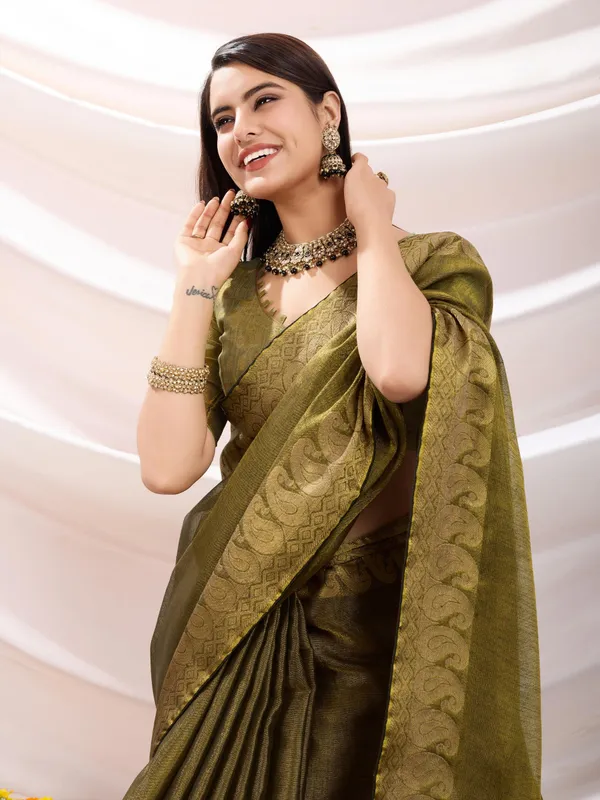 Golden_Olive_Antique_Linen_Tissue_With_Black_Thread_&_Zari_Weaving_Designer_Blouse_&_Tassels_Saree