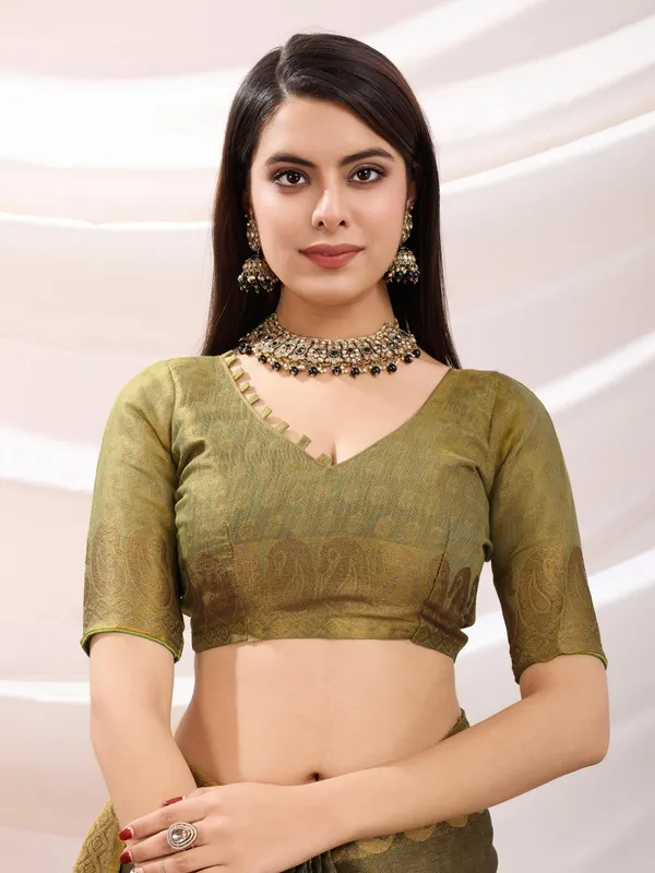 Golden_Olive_Antique_Linen_Tissue_With_Black_Thread_&_Zari_Weaving_Designer_Blouse_&_Tassels_Saree