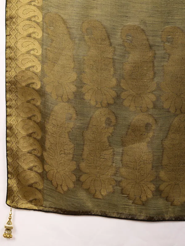 Golden_Olive_Antique_Linen_Tissue_With_Black_Thread_&_Zari_Weaving_Designer_Blouse_&_Tassels_Saree