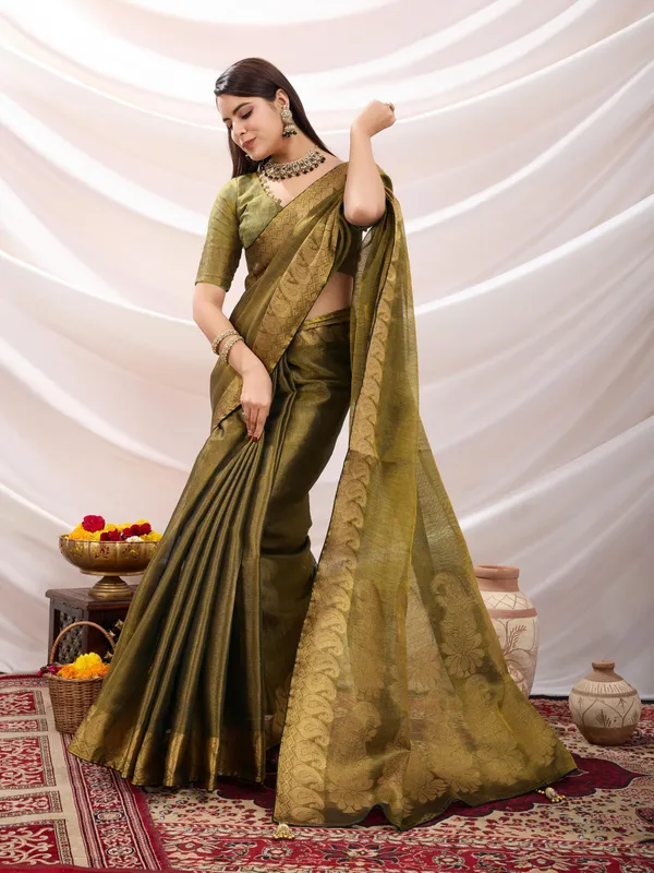 Golden_Olive_Antique_Linen_Tissue_With_Black_Thread_&_Zari_Weaving_Designer_Blouse_&_Tassels_Saree