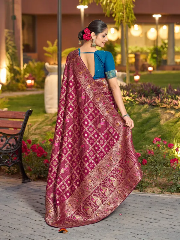 Rich_Magenta_Dola_Silk_Gharchola_Bridal_Saree_With_Classic_Blue_Stone_Work_Blouse_For_Women