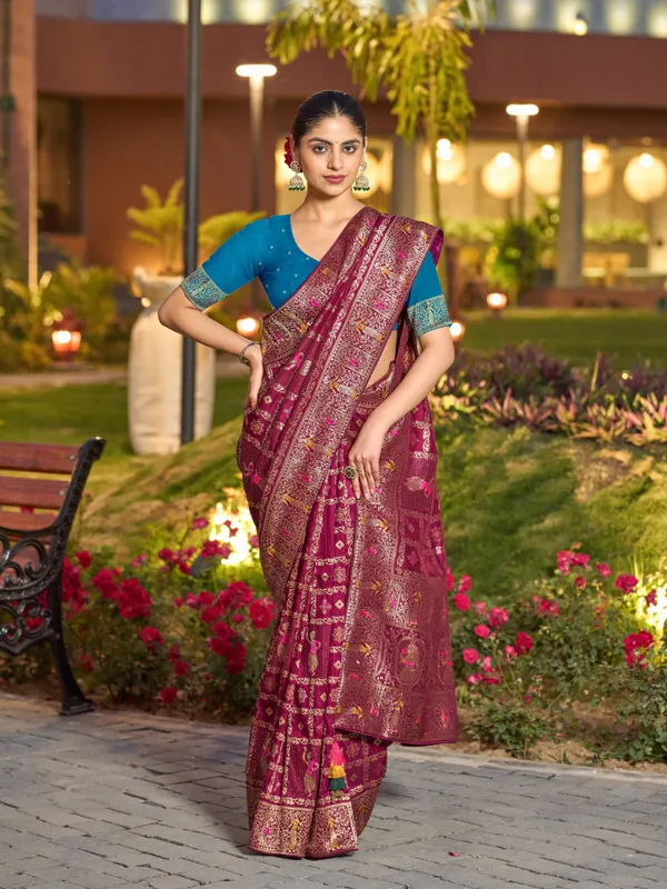 Rich_Magenta_Dola_Silk_Gharchola_Bridal_Saree_With_Classic_Blue_Stone_Work_Blouse_For_Women