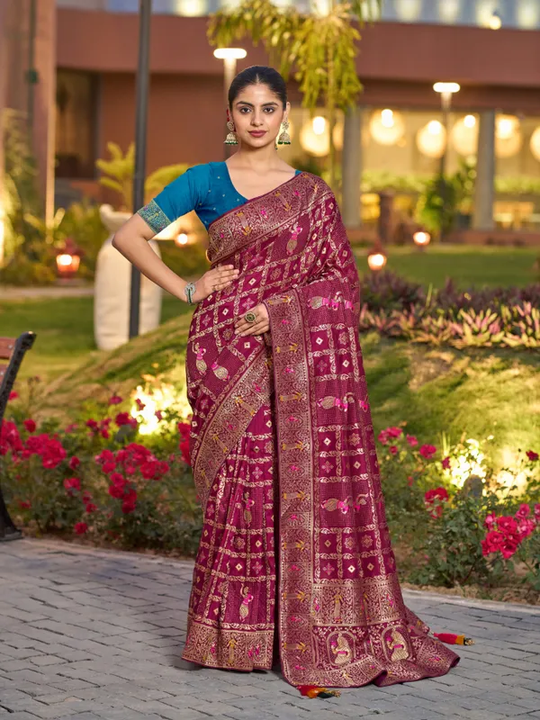 Rich_Magenta_Dola_Silk_Gharchola_Bridal_Saree_With_Classic_Blue_Stone_Work_Blouse_For_Women