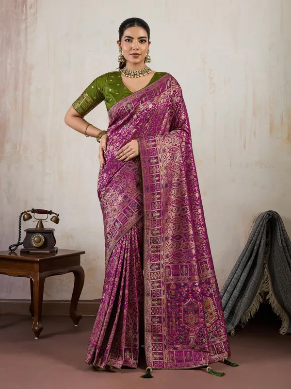 Olive_Green_&_Magenta_Banarasi_Silk_Saree