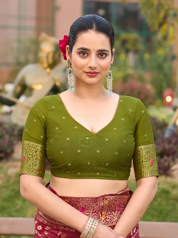 Deep_Maroon_Dola_Silk_Gharchola_Saree_With_Vibrant_Green_Stone_Work_Blouse_For_Women