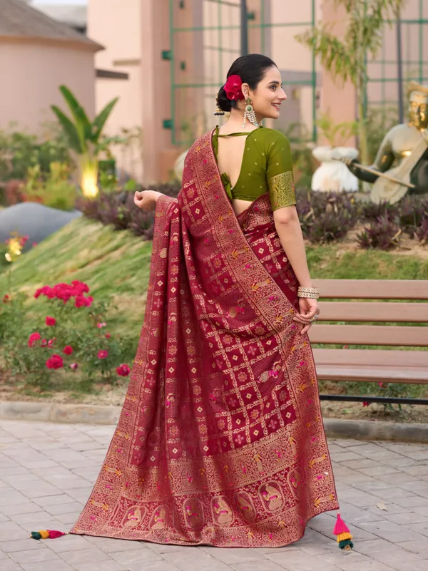 Deep_Maroon_Dola_Silk_Gharchola_Saree_With_Vibrant_Green_Stone_Work_Blouse_For_Women