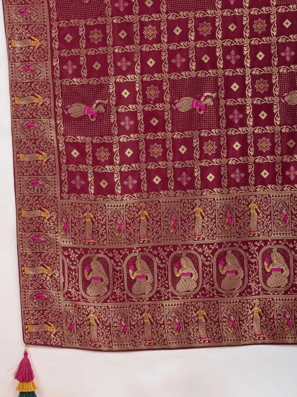 Deep_Maroon_Dola_Silk_Gharchola_Saree_With_Vibrant_Green_Stone_Work_Blouse_For_Women