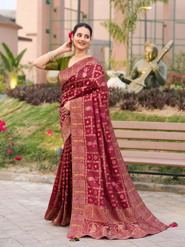 Deep_Maroon_Dola_Silk_Gharchola_Saree_With_Vibrant_Green_Stone_Work_Blouse_For_Women