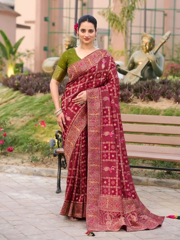 Deep_Maroon_Dola_Silk_Gharchola_Saree_With_Vibrant_Green_Stone_Work_Blouse_For_Women