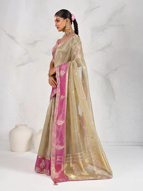 Pink_&_Gold_Tissue_Linen_Saree_With_Hand_Embellished_Pallu_&_Pink_Contrast_Blouse_For_Women