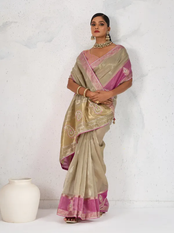 Pink_&_Gold_Tissue_Linen_Saree_With_Hand_Embellished_Pallu_&_Pink_Contrast_Blouse_For_Women