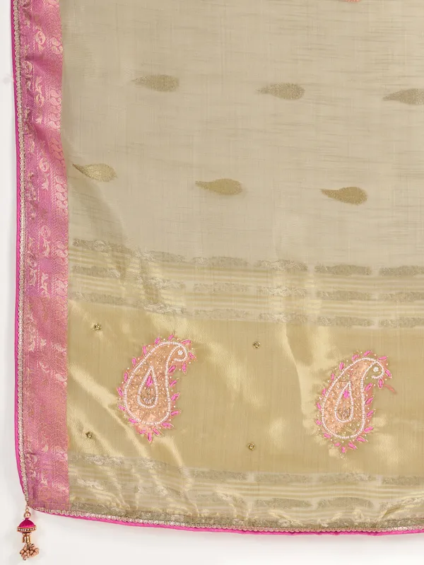 Pink_&_Gold_Tissue_Linen_Saree_With_Hand_Embellished_Pallu_&_Pink_Contrast_Blouse_For_Women