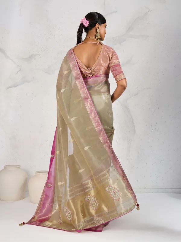 Pink_&_Gold_Tissue_Linen_Saree_With_Hand_Embellished_Pallu_&_Pink_Contrast_Blouse_For_Women