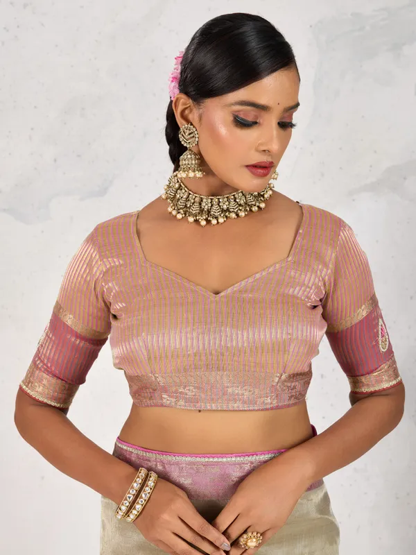 Pink_&_Gold_Tissue_Linen_Saree_With_Hand_Embellished_Pallu_&_Pink_Contrast_Blouse_For_Women