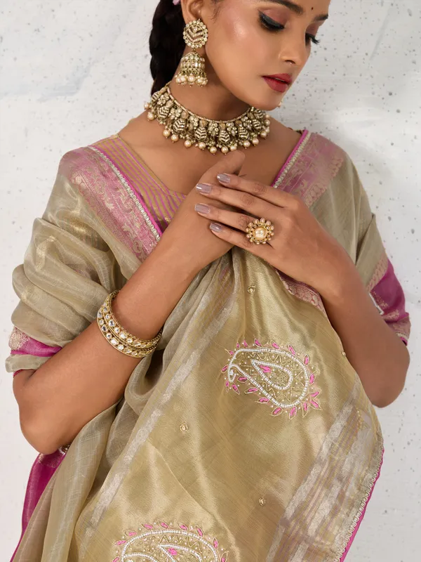 Pink_&_Gold_Tissue_Linen_Saree_With_Hand_Embellished_Pallu_&_Pink_Contrast_Blouse_For_Women