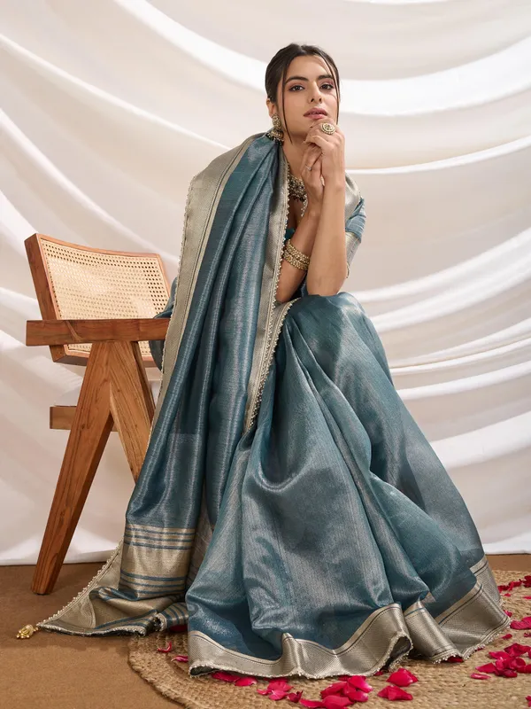Icy_Teal_Blue_Linen_Tissue_Saree_with_Champagne_Gold_Zari_Border