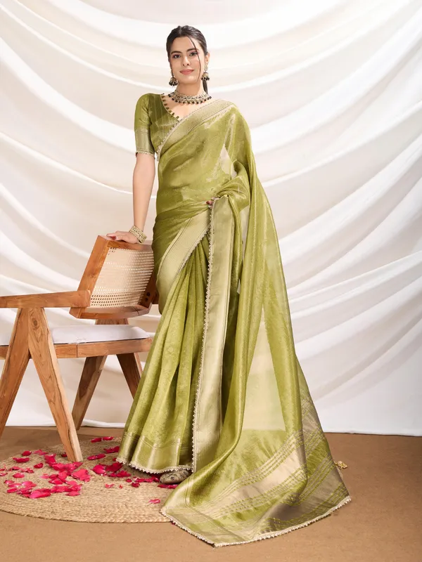 Olive_Green_Linen_Tissue_Saree_with_subtle_Zari_Border