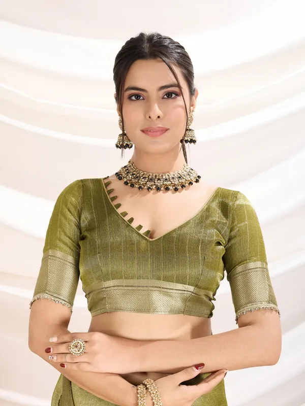 Olive_Green_Linen_Tissue_Saree_with_subtle_Zari_Border