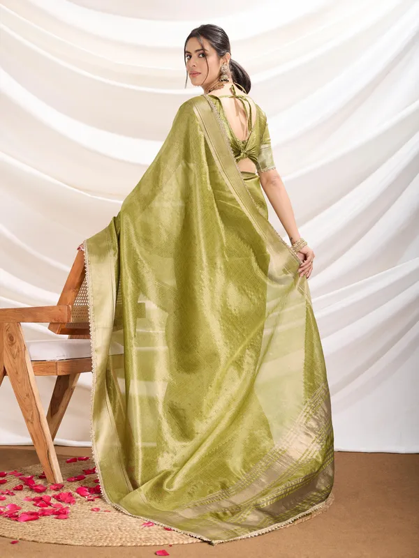 Olive_Green_Linen_Tissue_Saree_with_subtle_Zari_Border