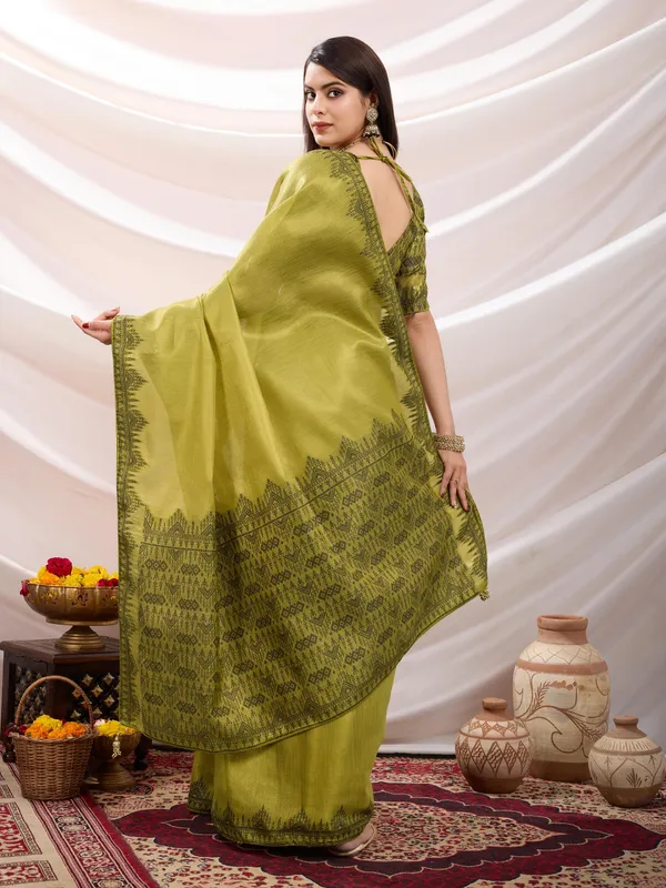 Lime_Mustard_Linen_Tissue_With_Black_Thread_&_Zari_Weaving_Designer_Blouse_&_Tassels_Saree