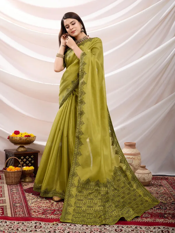 Lime_Mustard_Linen_Tissue_With_Black_Thread_&_Zari_Weaving_Designer_Blouse_&_Tassels_Saree